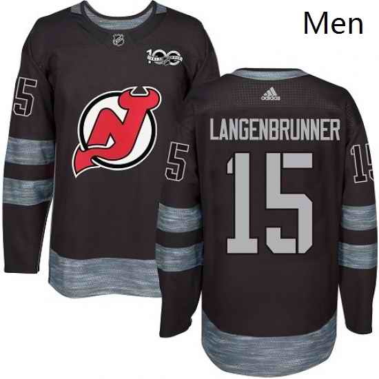 Mens Adidas New Jersey Devils 15 Jamie Langenbrunner Authentic Black 1917 2017 100th Anniversary NHL Jersey